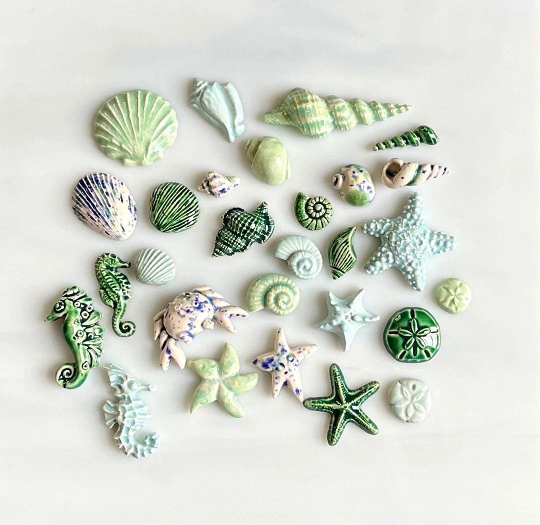 Ceramic Seashell and Sea Creature Tiles, 12pcs, Variety Blues and Greens, Beach Sea Tiles, Nautic... | Etsy (US)