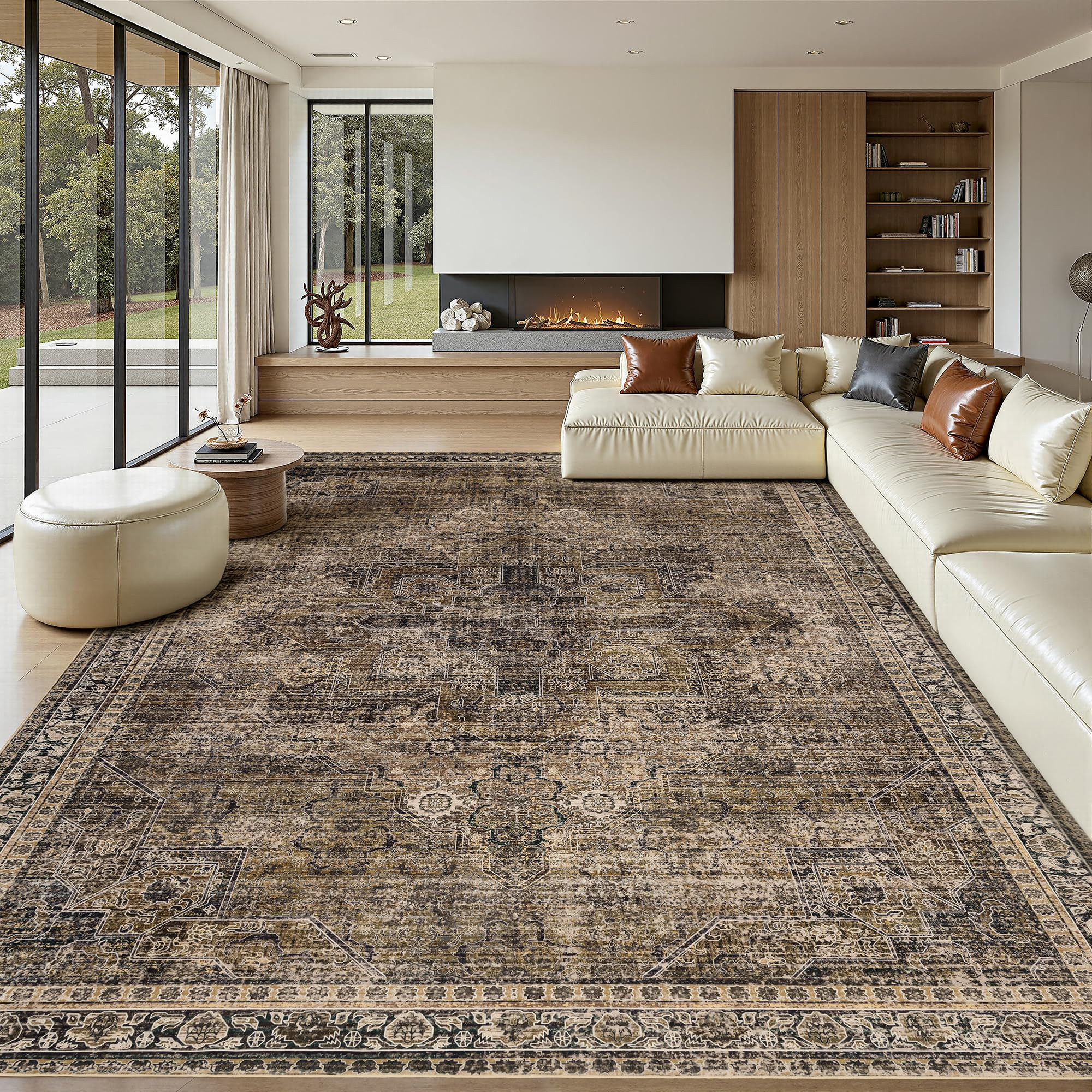 9x12 Area Rug Living Room Rugs, Stain Resistant Washable Rug, Vintage Large Non-Slip Backing, Low Pile Lightweight Print Rug for Bedroom Dinning Room Home Office (Brown1) | Amazon (US)