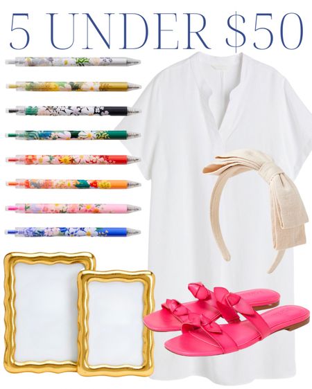 Pens, florals, teacher gift, end of the year gift, white dress, bow headband, pink bow sandals shoes slides, scalloped wavy gold picture frames, preppy style, classic style 

#LTKstyletip #LTKunder50 #LTKsalealert