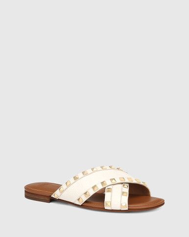 Calabria White Pebbled Leather Flat Sandal | Wittner