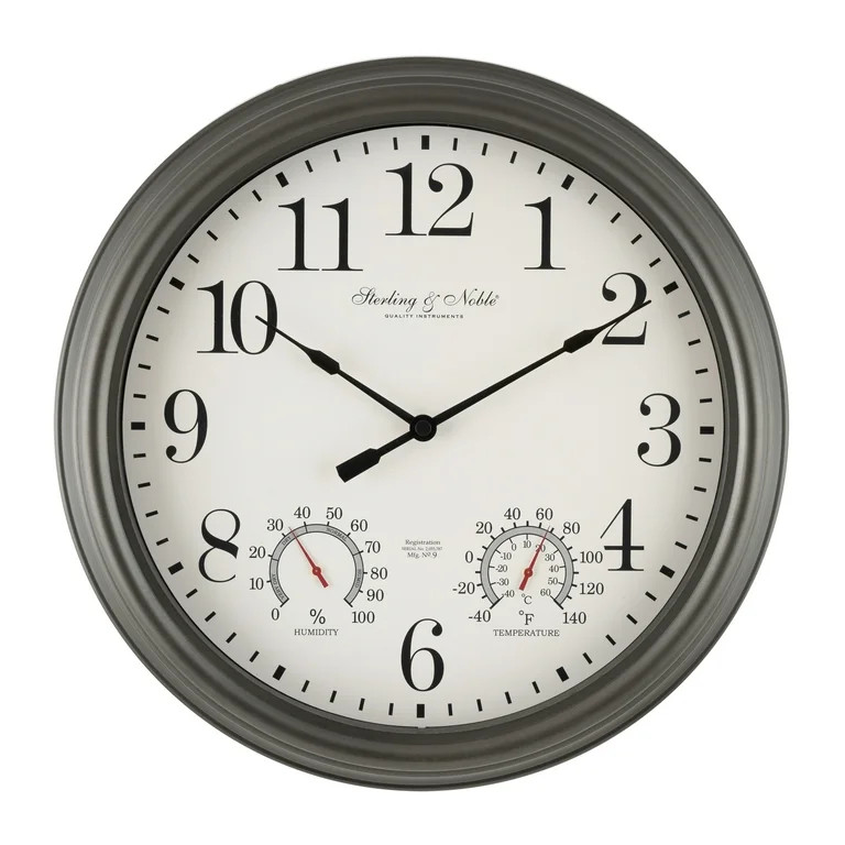 Better Homes & Gardens 15.5" Indoor/Outdoor Gray Gunmetal Finish Arabic Round Analog Wall Clock | Walmart (US)