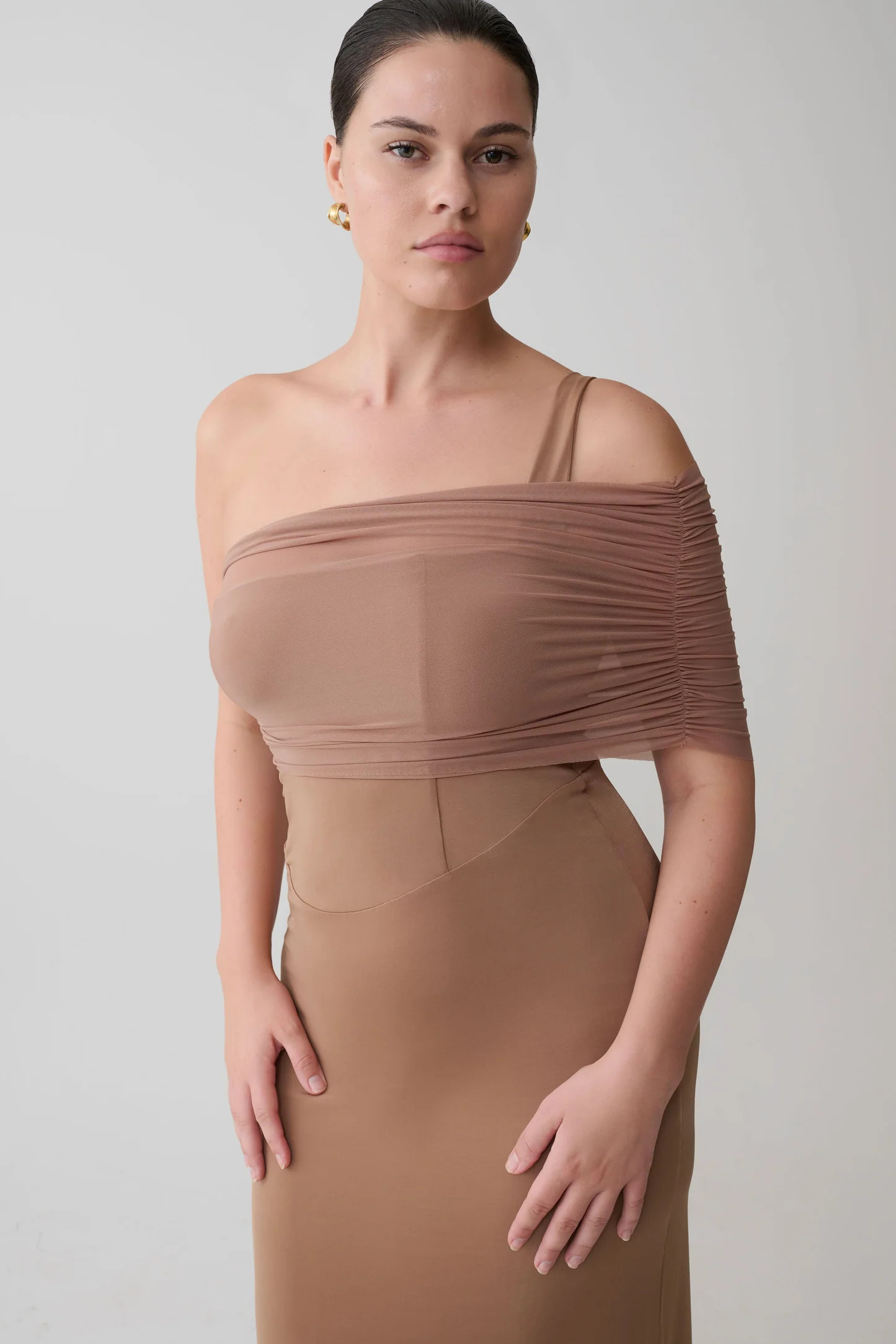 Hanh One Shoulder Mesh Maxi Dress - Tan | Meshki UK