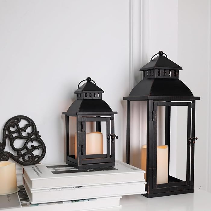 DECORKEY LED Lanterns Decorative Outdoor&Indoor, Set of 2 (17’’&11’’) Large Black Metal L... | Amazon (US)