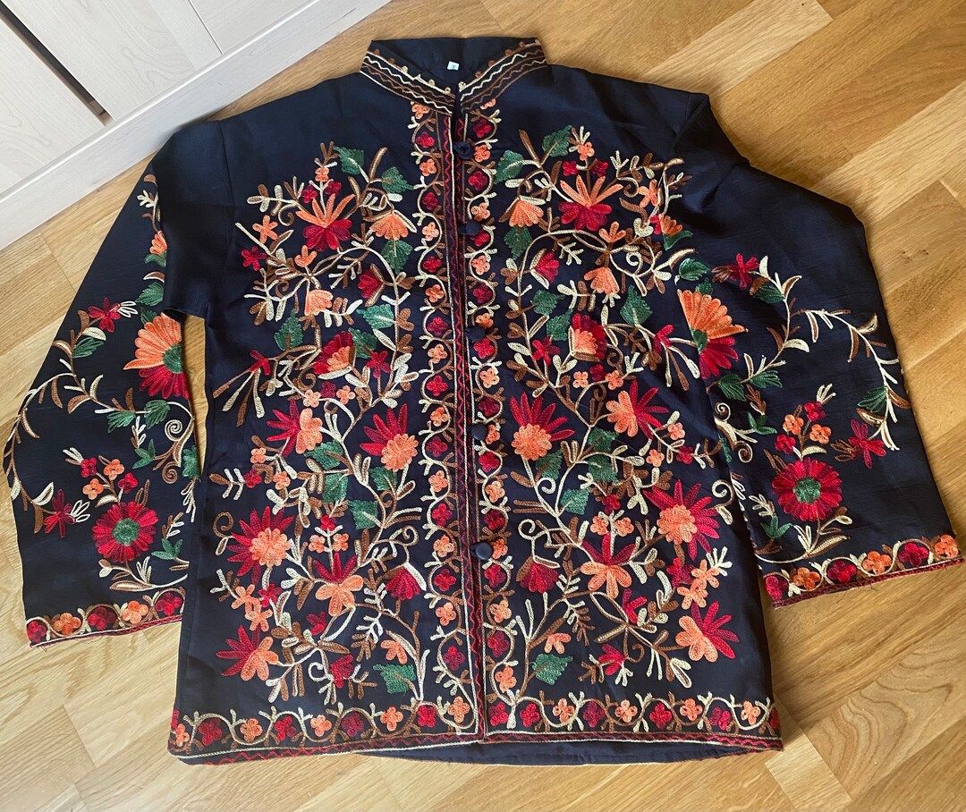 Embroidered Jacket  for women, Kashmiri jacket, Embroidered coat, Black Embroidered jacket. (Size... | Etsy (UK)