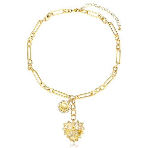 BONJOULRY Chunky Gold Sun Heart Pendent Charm Necklace for Women 18K Gold Plated Choker Necklace Heart Charm Necklace Thick Paperclip Chain Necklace | Amazon (US)