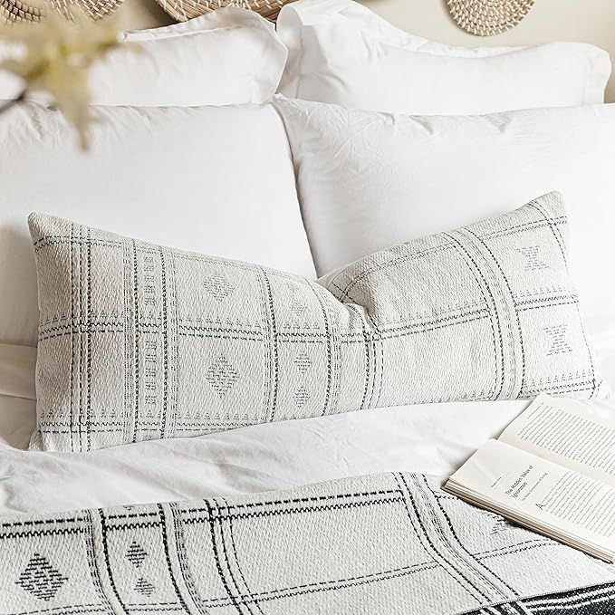 Off White Black Decorative Boho Lumbar Pillow Cover 14x36, Soft Long Lumbar Accent Pillow for Bed... | Amazon (US)