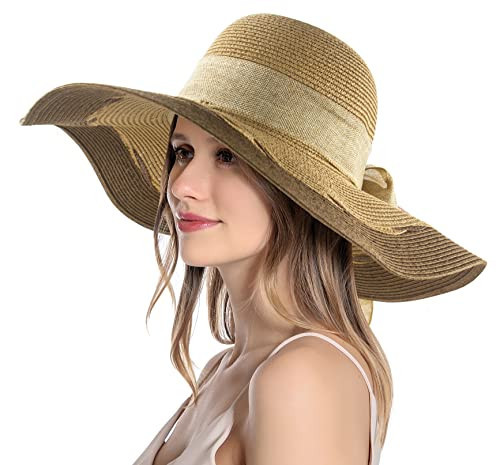 Muryobao Womens Sun Straw Hat Wide Brim UV UPF 50 Summer Hat Foldable Roll up Floppy Beach Cap for Women Mix Khaki Brown | Amazon (US)