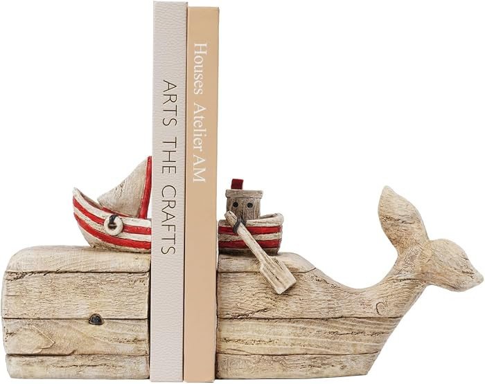 Guichifun Whale Decorative Bookends Book Holder - Distressed Finish Resin Cute Bookend Set with S... | Amazon (US)