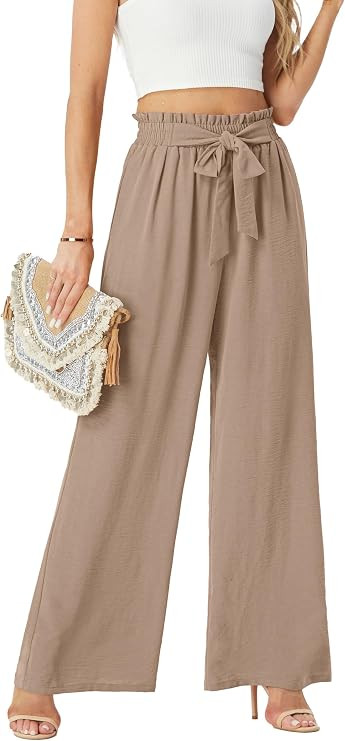 FREEOAK Womens Wide Leg Pants High Waist Flowy Adjustable Knot Loose Trousers Casuals Lounge Busi... | Amazon (US)