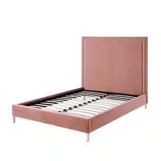 Samuele Pink Blush Velvet Platform Queen Bed | The Home Depot