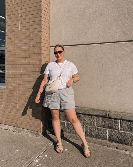 Simple summer outfit - striped boxer shorts (sized up to XL), basic white tee (L), comfy Birkenstock sandals (tts)



#LTKcanada #LTKsummer #LTKmidsize