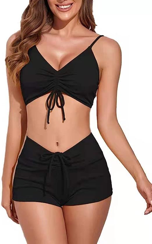 UNRMZIU Women Ruched Draswstring 2 Pieces Ribbed Swimsuits High Waist Active Bikini Boyshorts Swi... | Amazon (US)