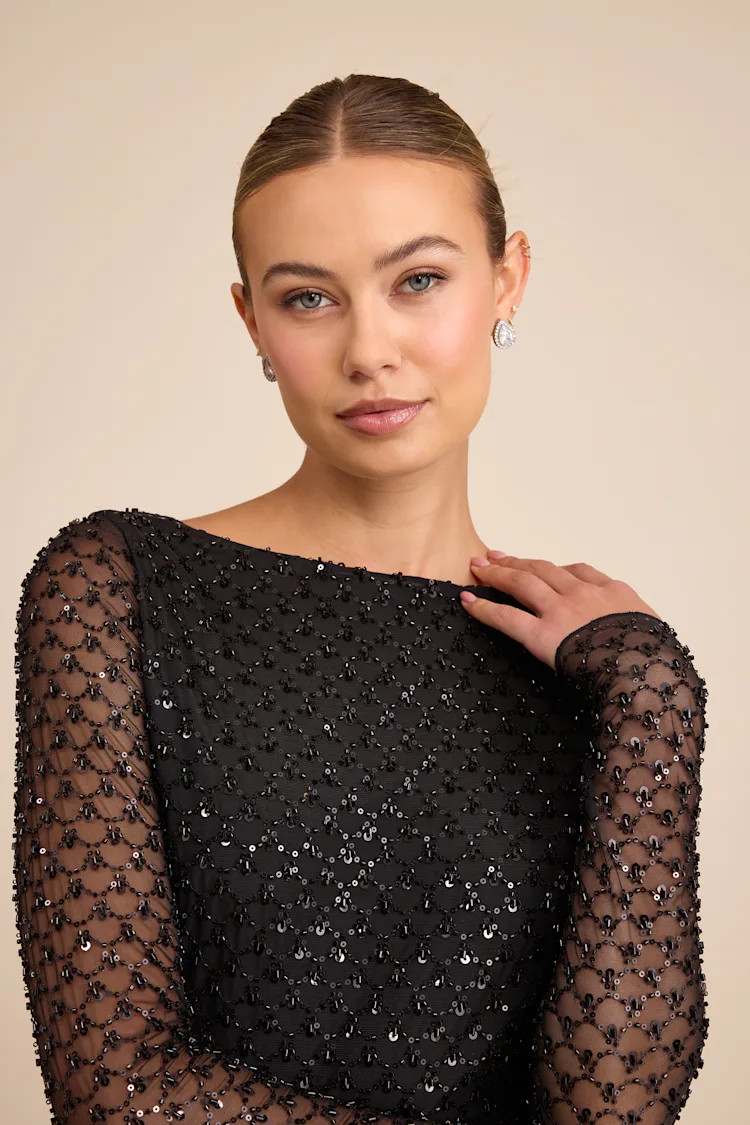 Jalira Black Mesh Sequin Backless Maxi Dress | Lulus