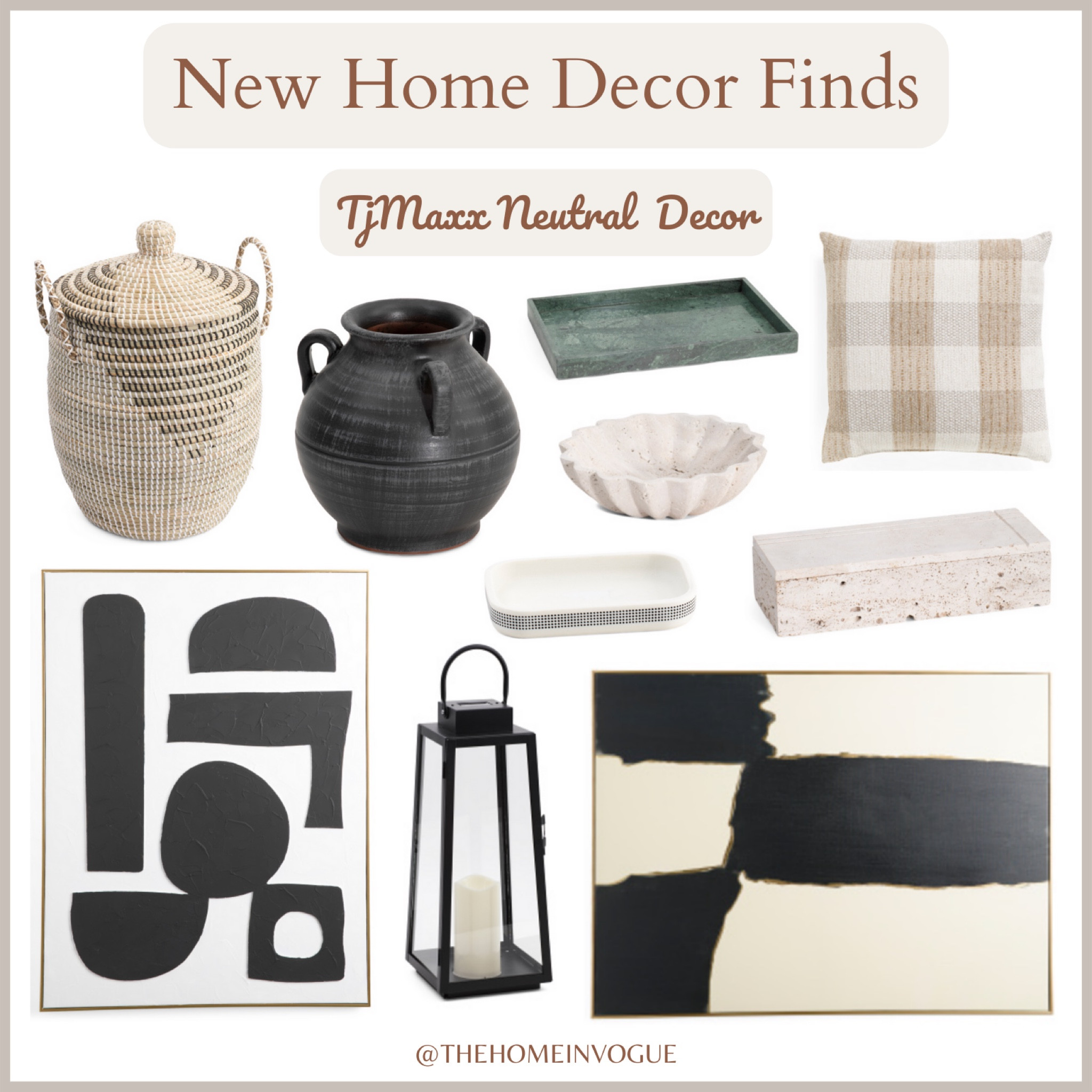 Neutral home decor, black and white wall art, black and cream wall art, black handled vase, seagrass lidded basked, marble tray, travertine box, travertine bowl, black glass lantern, abstract art, plaid throw pillow, block print quilt set.

#LTKstyletip #LTKsalealert #LTKhome