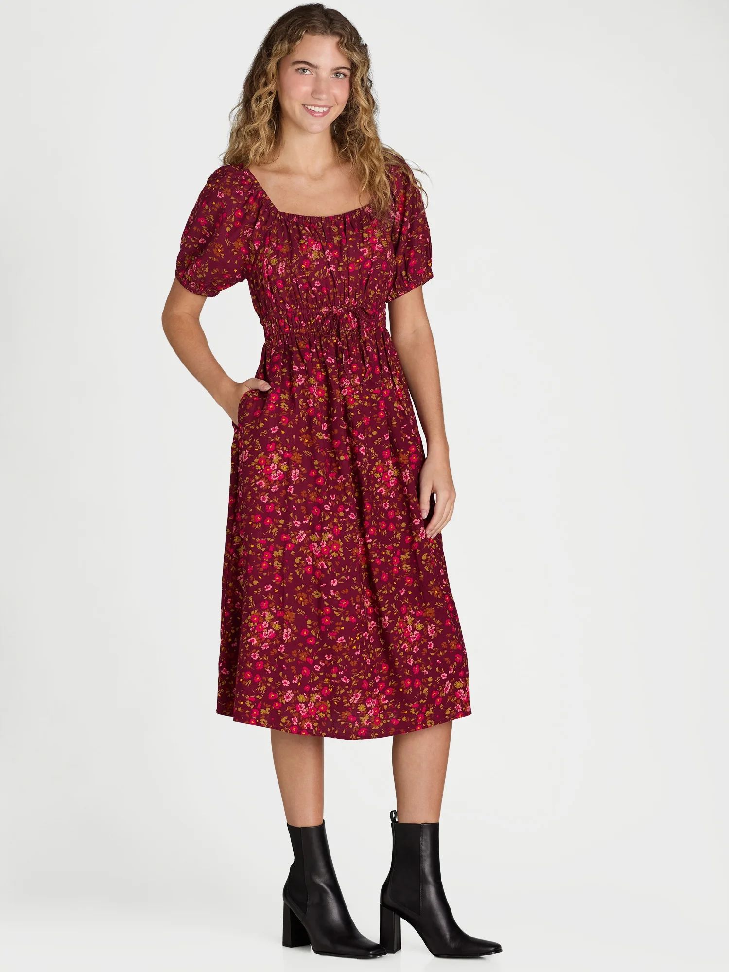 Time and Tru Women's Ruched Waist Print Midi Dress, Sizes XS-XXXL | Walmart (US)