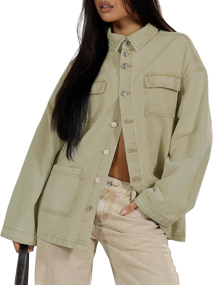 Jean Jacket Women 2025 Trendy Oversized Cargo Button Down Long Sleeve Casual Thick Denim Shacket ... | Amazon (US)