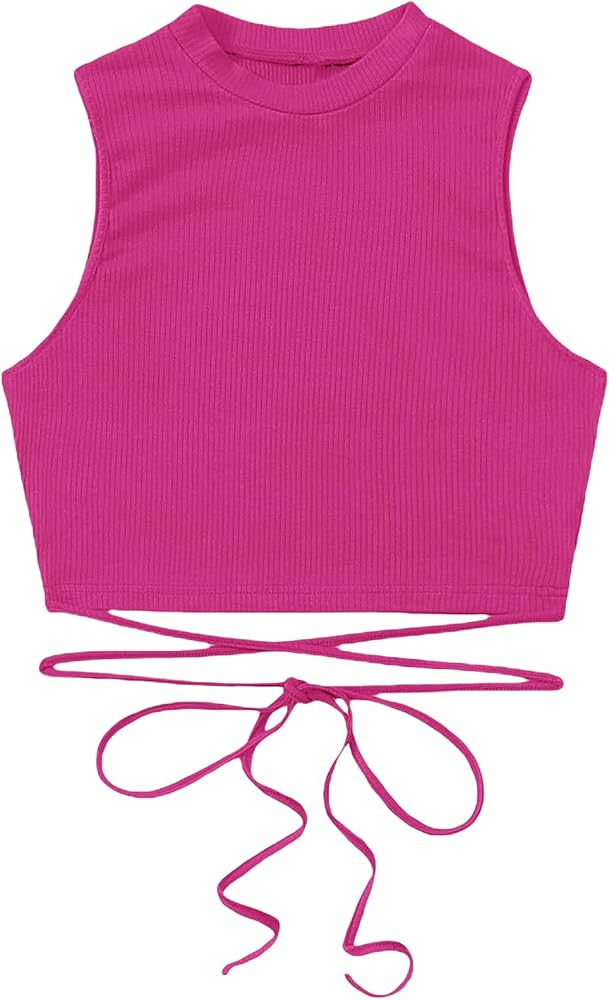 SheIn Women's Crisscross Tie Back Crop Top Sleeveless Round Neck Tank Tops | Amazon (US)