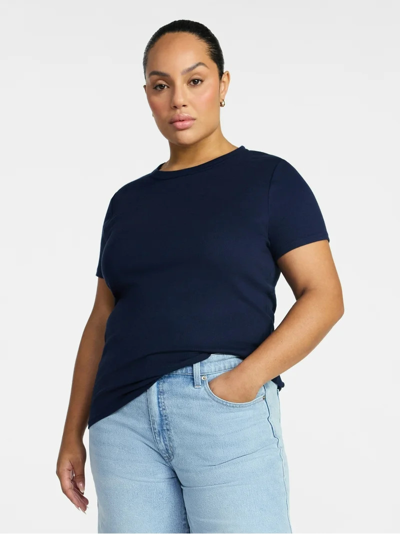 Time and Tru Women's Ribbed Tee with Short Sleeves, Sizes XS-XXXL | Walmart (US)