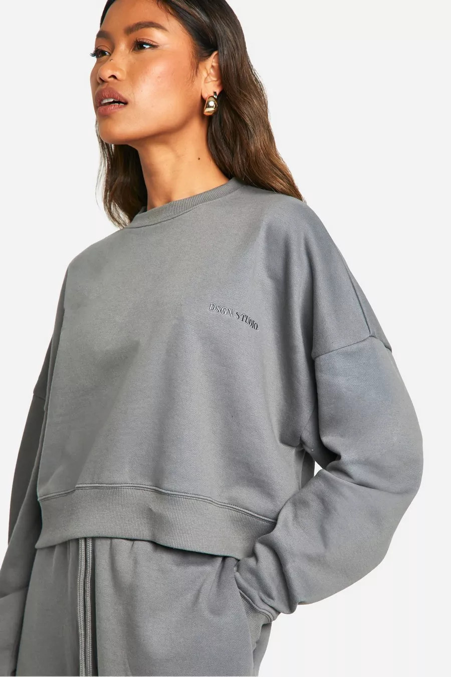 Dsgn Studio Embroidered Boxy Crop Sweatshirt | Boohoo.com (UK & IE)