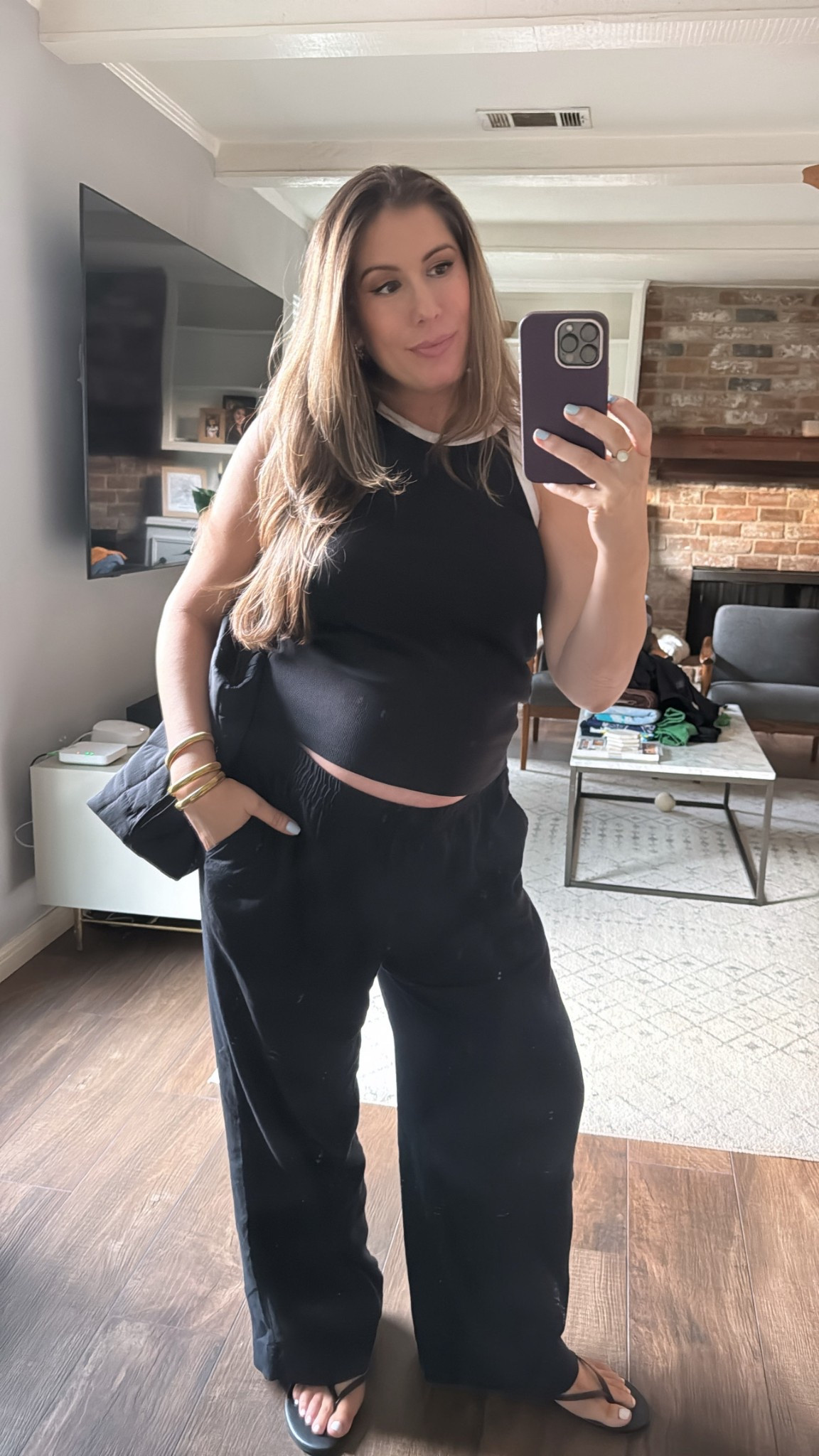 Suns out, bumps out ☀️love these Old Navy black linen pants!! Sized up to large for the bump.  Pair with these cute Target sandals and my Target tank top. 

#LTKStyleTip #LTKBump #LTKFindsUnder50
