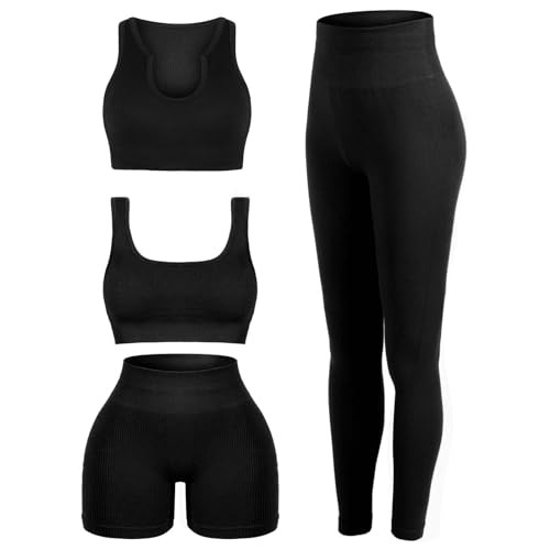 Floraltop 4 Pcs Workout Outfits for Women, Pilates Ribbed Workout Set Sports Crop Tank Yoga Shorts Exercise Leggings Gym Set(Black,Small) | Amazon (US)