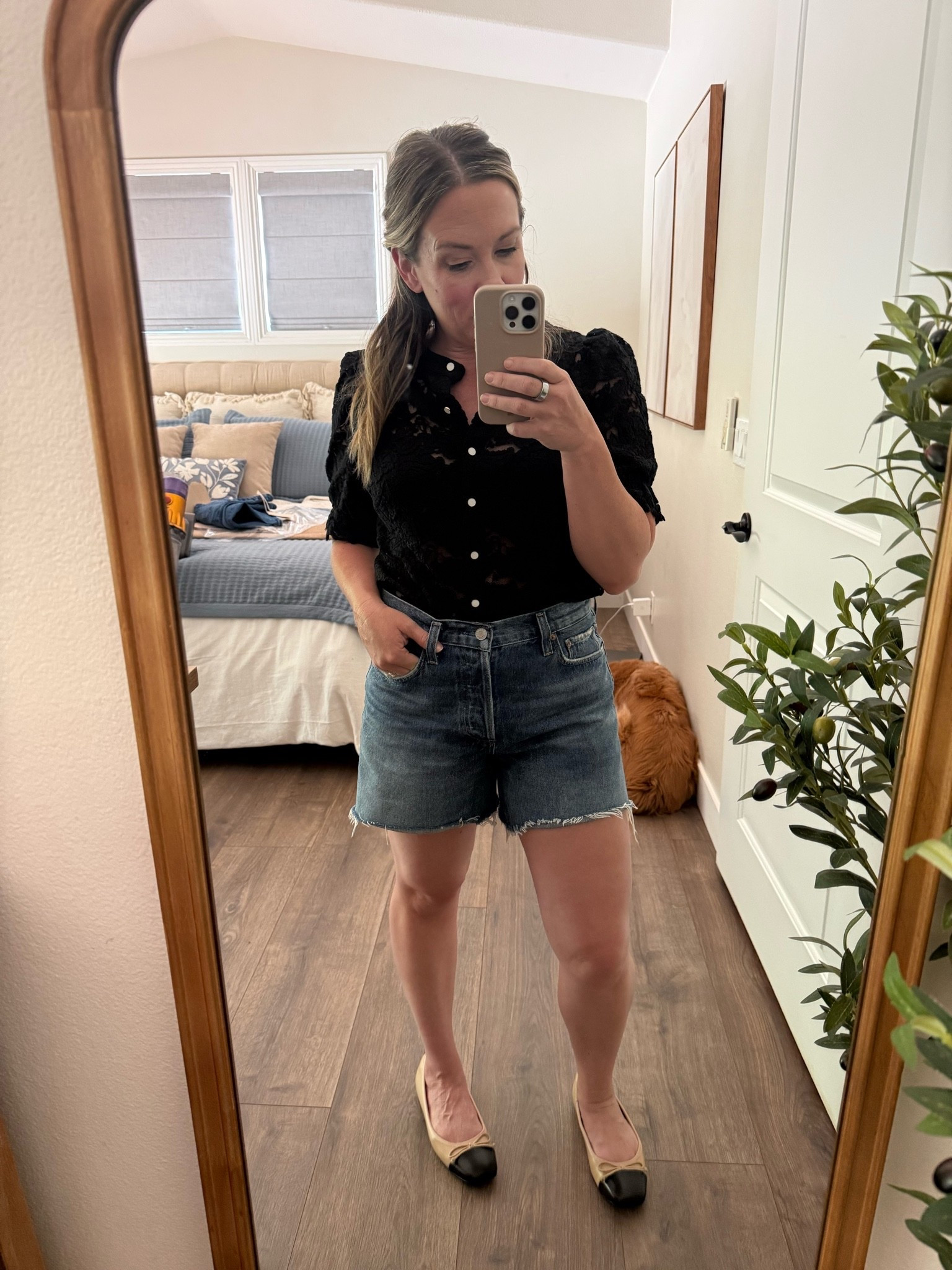 An everywhere, everyday look with a mix of high and low pieces

Top is a relaxed fit with some stretch, wearing size small

Shorts are a looser/straight silhouette and run true to size wearing 27

Shoes are cut for a wider foot, tts if your foot is on the wider size or maybe size down if you have a narrower foot

#LTKvlog #LTKWorkwear #LTKOver40