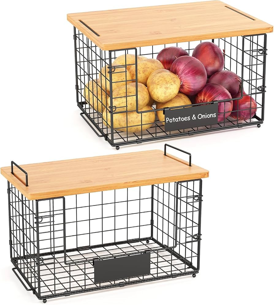 2 Pack Stackable Wire Baskets with Bamboo Top for Pantry Organizers and Storage, XL Kitchen Organ... | Amazon (US)