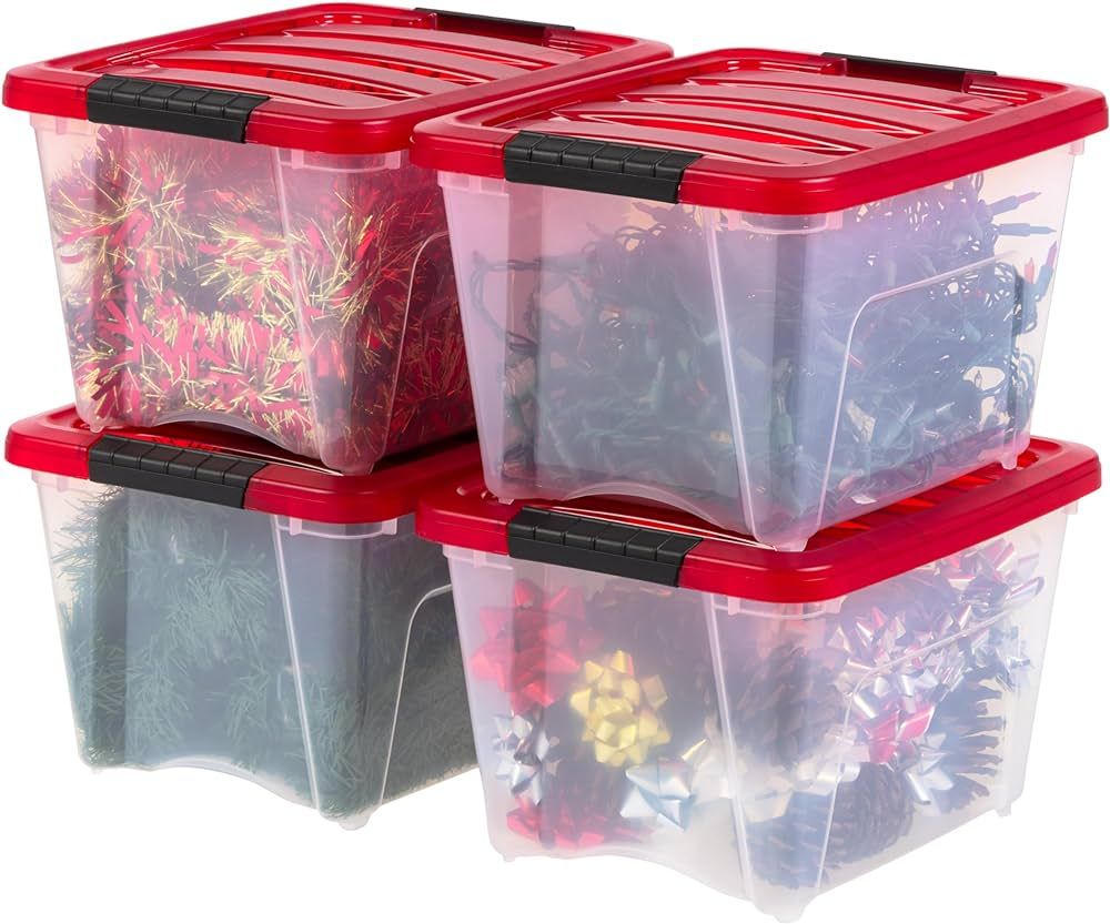 IRIS USA 19 Quart Stackable Plastic Holiday Storage Bins with Lids and Latching Buckles, 4 Pack -... | Amazon (US)