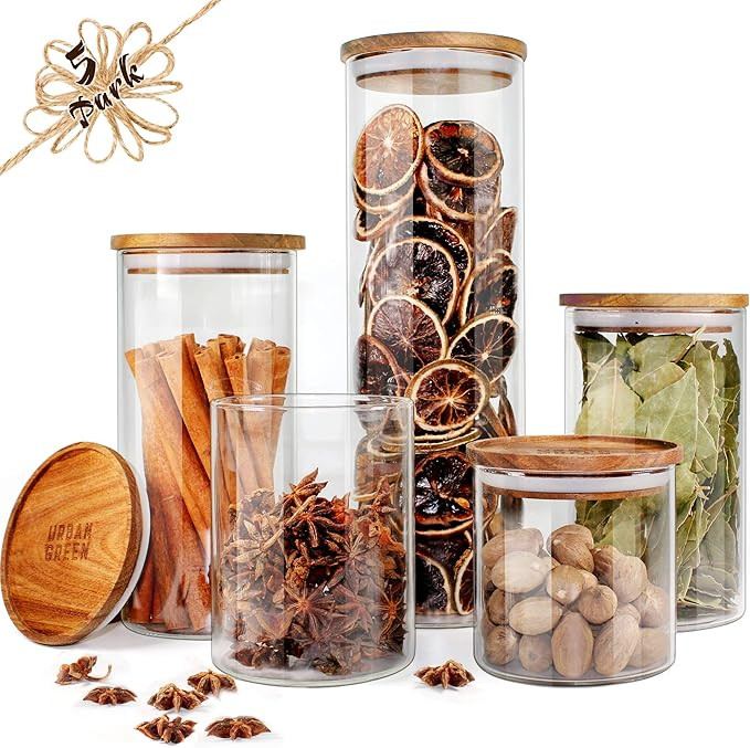 Glass Jars with Wood Lids Urban Green, Airtight Glass Canisters Sets, Glass Storage Containers, 5... | Amazon (US)