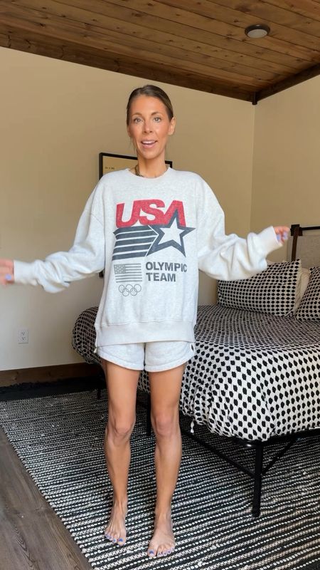Who else is ready for the Olympics?! #AbercrombiePartner My comfy shorts are 25% off this weekend plus an extra 15% off with code AFSHORTS!! Wearing an XS. Fit is TTS. I sized up to a medium in this USA Olympics sweatshirt!! @abercrombie @shop.ltk 


#LTKFindsUnder50 #LTKSaleAlert #LTKStyleTip