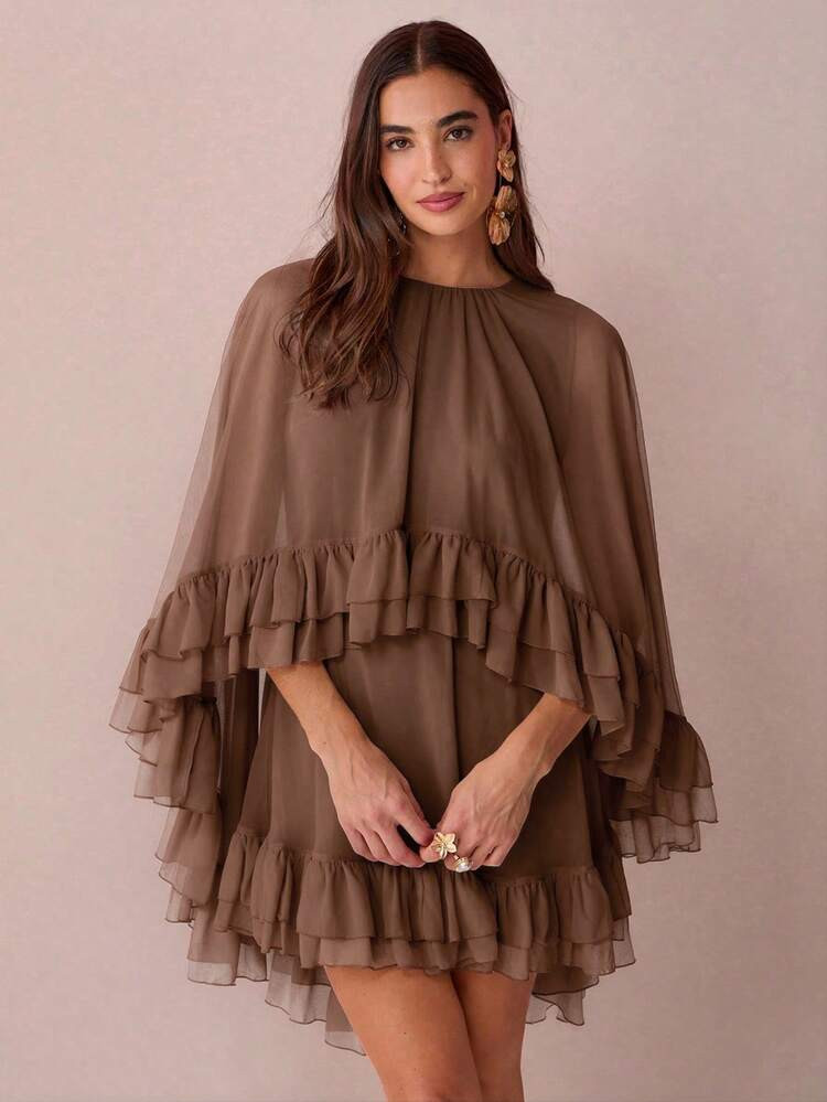 Enchnt Women's Solid Color Minimalist Everyday Poncho Sleeve Dress Layered Ruffle Dress Flowy Sho... | SHEIN