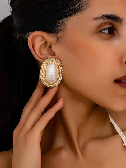 1 Pair Geometric Textured Oval Shape Inlaid Oval Pearl Dangle Earrings, Retro Elegant And Charmin... | SHEIN