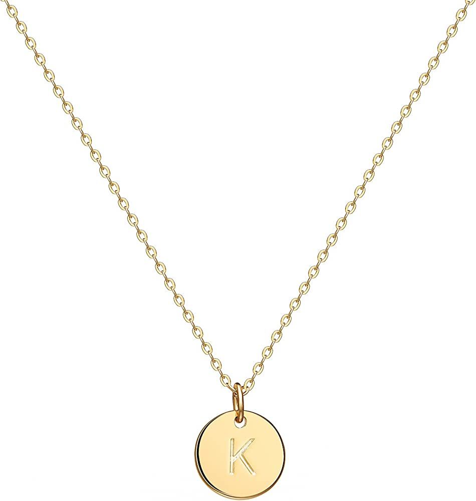 Valloey Rover Gold Initial Pendant Necklace, 14K Gold Plated Disc Double Side Engraved 16.5" Adju... | Amazon (US)