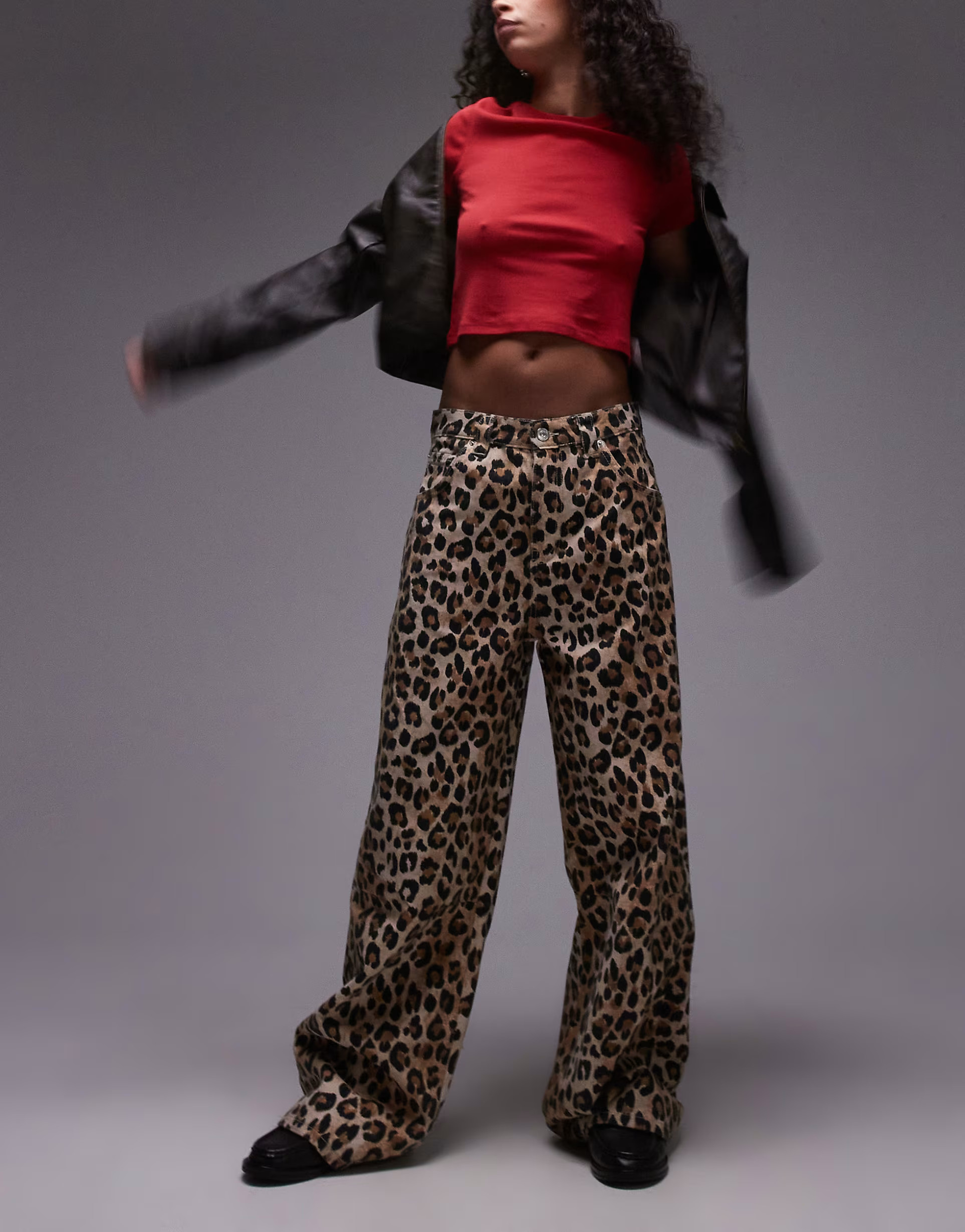 Mango oversized straight leg leopard print jeans in brown | ASOS (Global)
