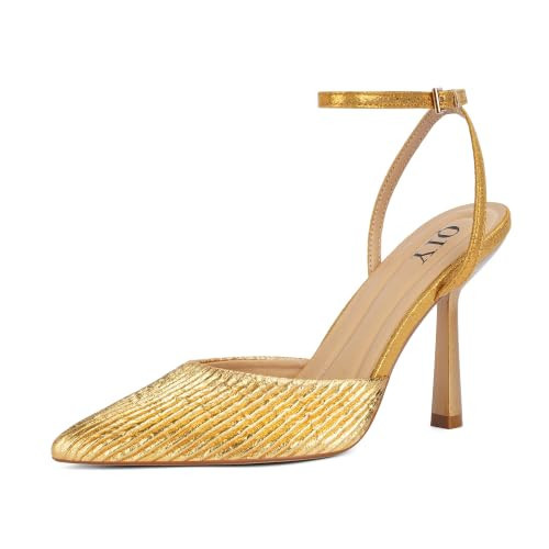 QIY Gold Heels for Women Metallic Pumps Closed Toe Pointy Pointed Toe Heels Formal Dress Wedding Bridal Shoes Gold Satin Heel Ankle Strap Stiletto High Heel Size 9.5 | Amazon (US)