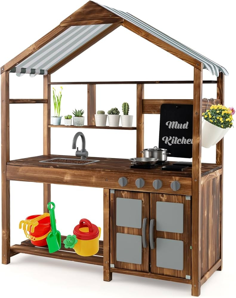 HONEY JOY Mud Kitchen with Canopy, Fir Wood Play Kitchen for Toddlers, Garden Sink, Stoves, Chalk... | Amazon (US)