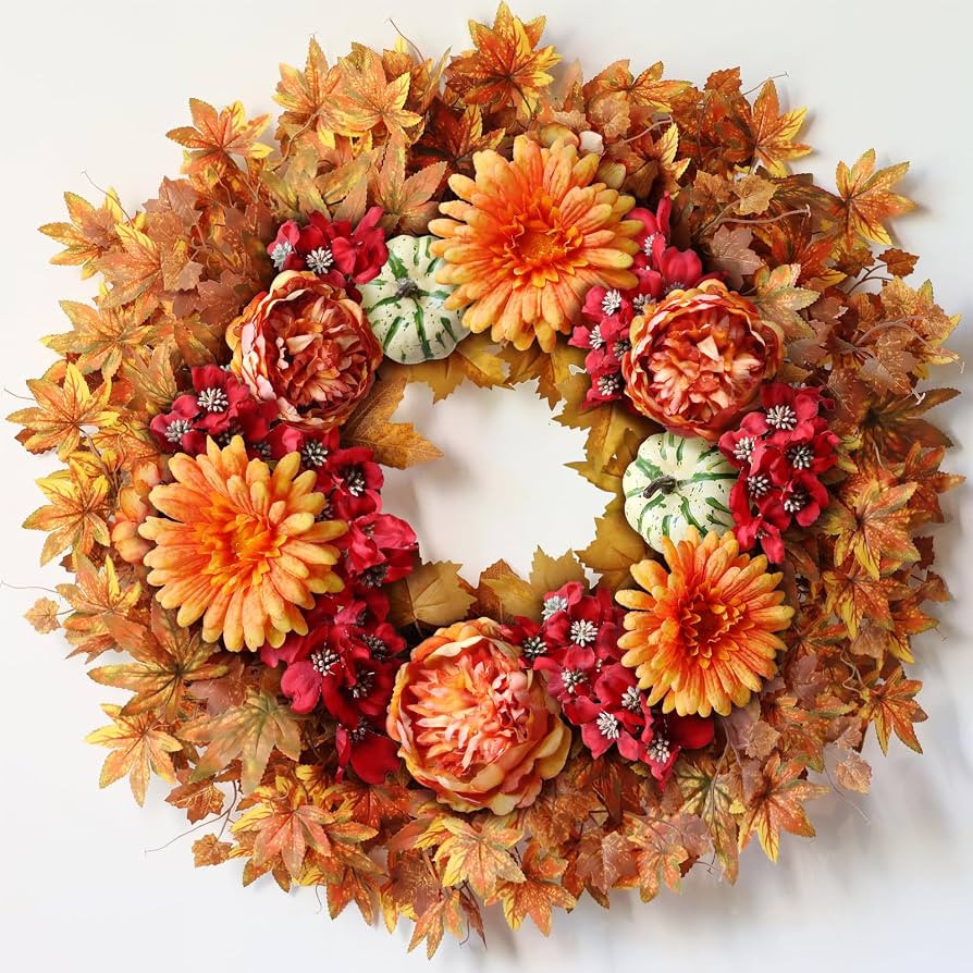 26" Artificial Fall Wreath, Silk Flowers Maple Leaf for Front Door (Orange) | Amazon (US)