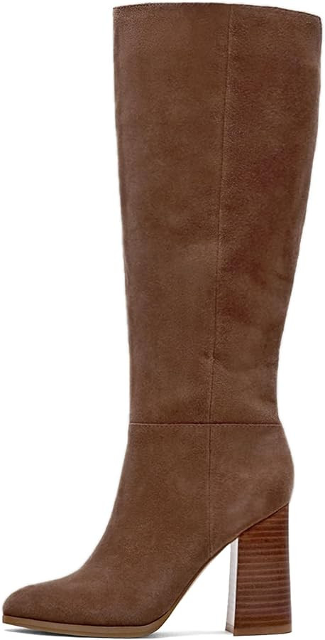 Erocalli Knee High Fall Faux Suede Tall Long Boots Chunky Block High Heel Fashion Boot Round Toe ... | Amazon (US)