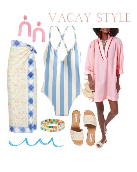 Pink and blue vacation style outfit ideas striped swimsuit one piece Jcrew tuckernuck swim cover up pink red slide Steve Madden earrings beaded bracelets spring break travel Mexico cruise vacation must haves 

#LTKSeasonal #LTKstyletip #LTKunder50