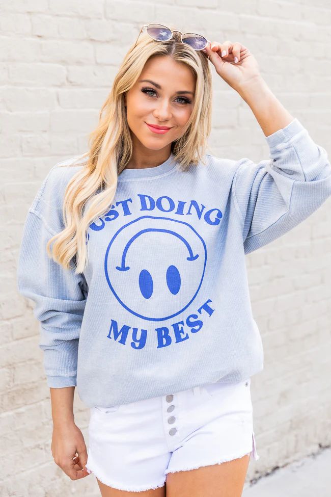Just Doing My Best Smiley Faded Denim Corded Graphic Sweatshirt | Pink Lily