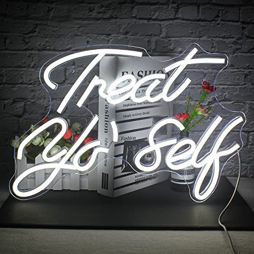 FAXFSIGN Treat Yourself Neon Sign White Led Word Neon Lights Usb Neon Light Signs for Bedroom Home Light Up Letter Neon for Birthday Party Gifts | Amazon (US)