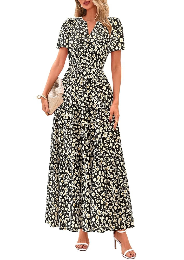 PRETTYGARDEN Women's 2025 Summer Boho Maxi Dresses Floral Short Sleeve V Neck A Line Tiered Flowy... | Amazon (US)