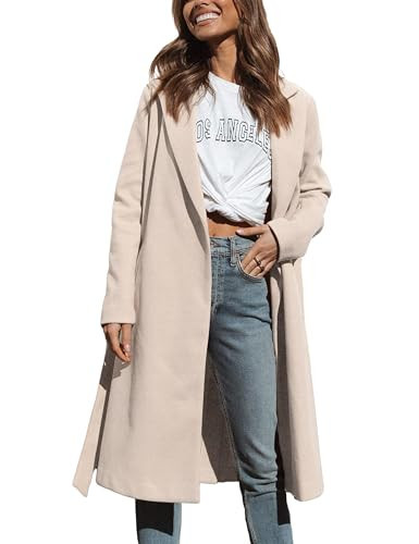 Majdan Women's Classic Notch Lapel Coat Winter Overcoat Mid Long Peacoat with Belt Long Jacket Outerwear (Beige-S) | Amazon (US)