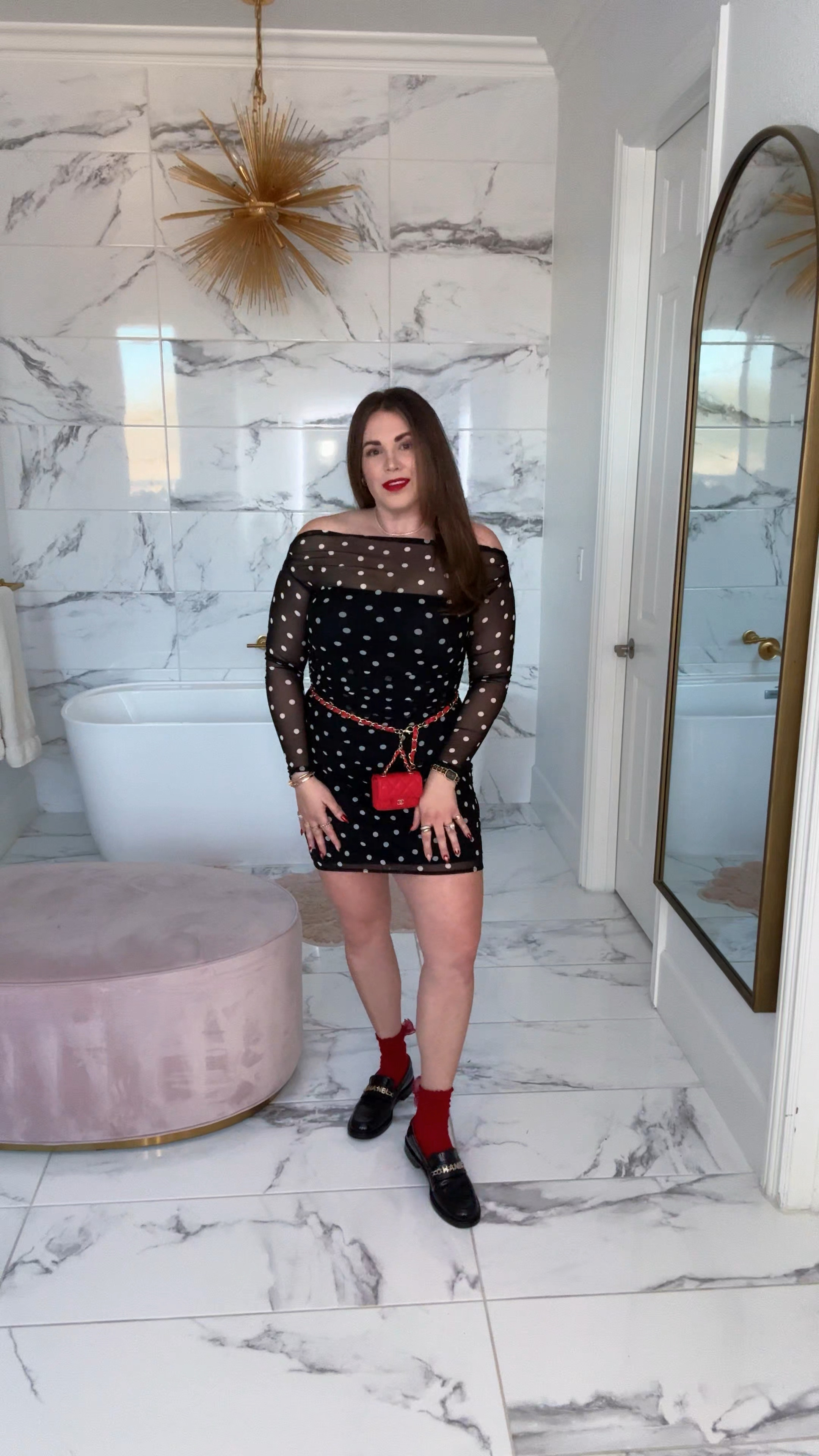 curvy midsize valentine date night outfit! wearing size large in polka dot mesh off the shoulder dress. lip color is Feels So Grand 💋 

#LTKMidsize #LTKFindsUnder100 #LTKSeasonal