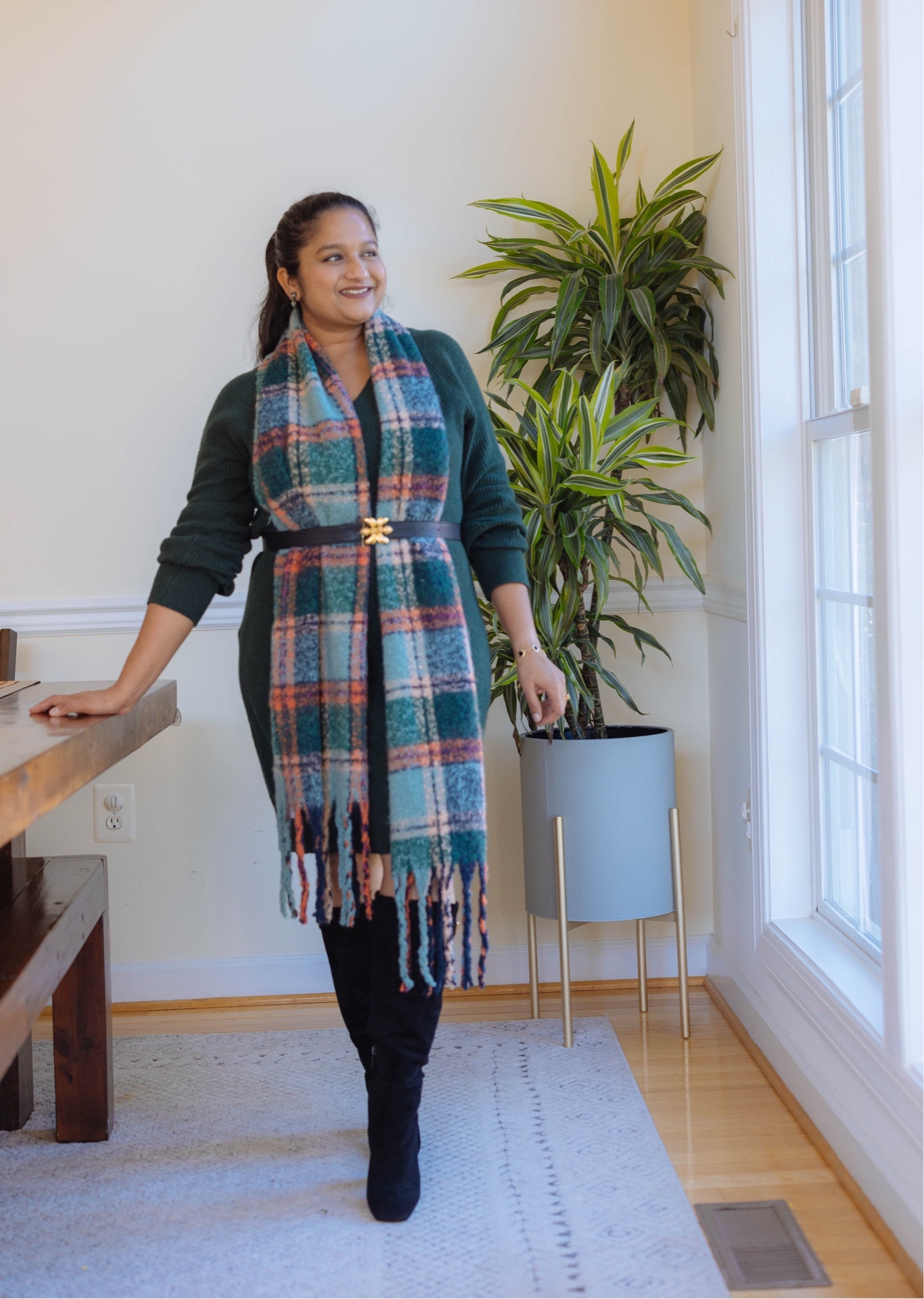 Thanksgiving outfit idea #4 

@oldnavy Sweater dress in size M tall 
@OldNavy plaid scarf 
@SamEdelman Black knee-high boots 
@raina belt 

Casual chic holiday outfits #LTKCyberWeek

#LTKHoliday #LTKmidsize