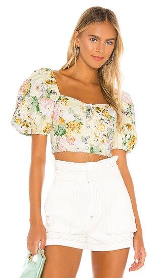 For Love & Lemons Chamomile Denim Crop Top in Yellow. - size M (also in XS, L) | Revolve Clothing (Global)