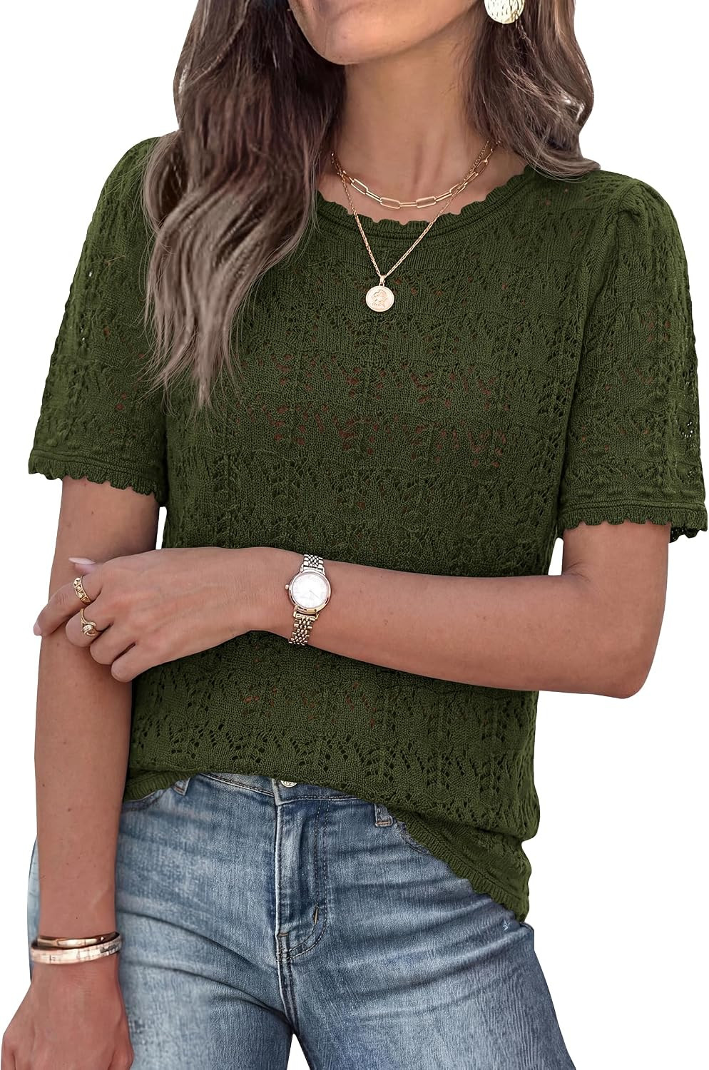 PRETTYGARDEN Women's Summer Short Sleeve Tops Lightweight Crochet Sweaters | Amazon (US)