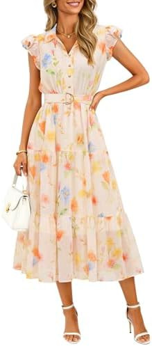 ZESICA Women's Summer Floral Midi Dress 2026 Casual Flutter Short Sleeve Chiffon Button Down Wedd... | Amazon (US)