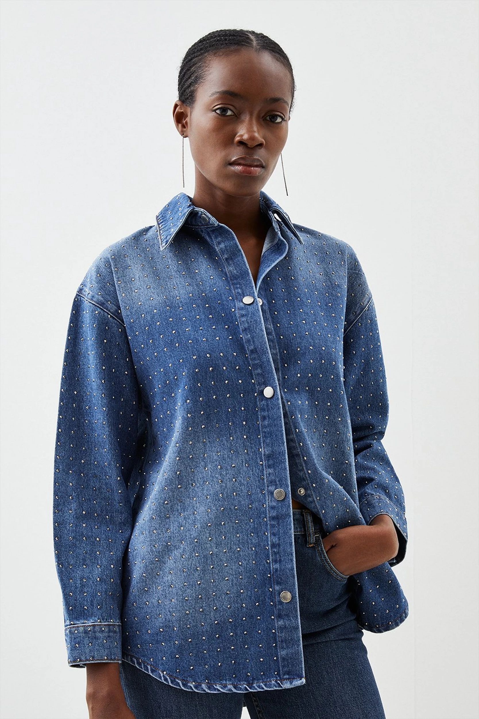 Embellished Denim Shirt | Karen Millen UK + IE + DE + NL