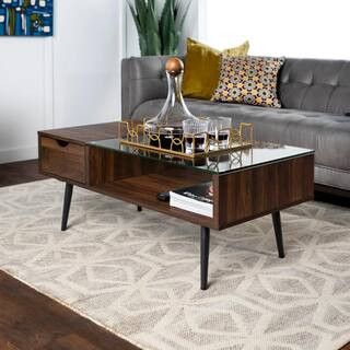 Walker Edison Furniture Company Mid 42 in. Dark Walnut Rectangle Glass Top Coffee Table with Stor... | The Home Depot